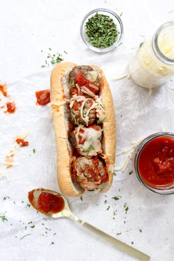 Top view of a super tasty seasoned electric smoked meatball sub.